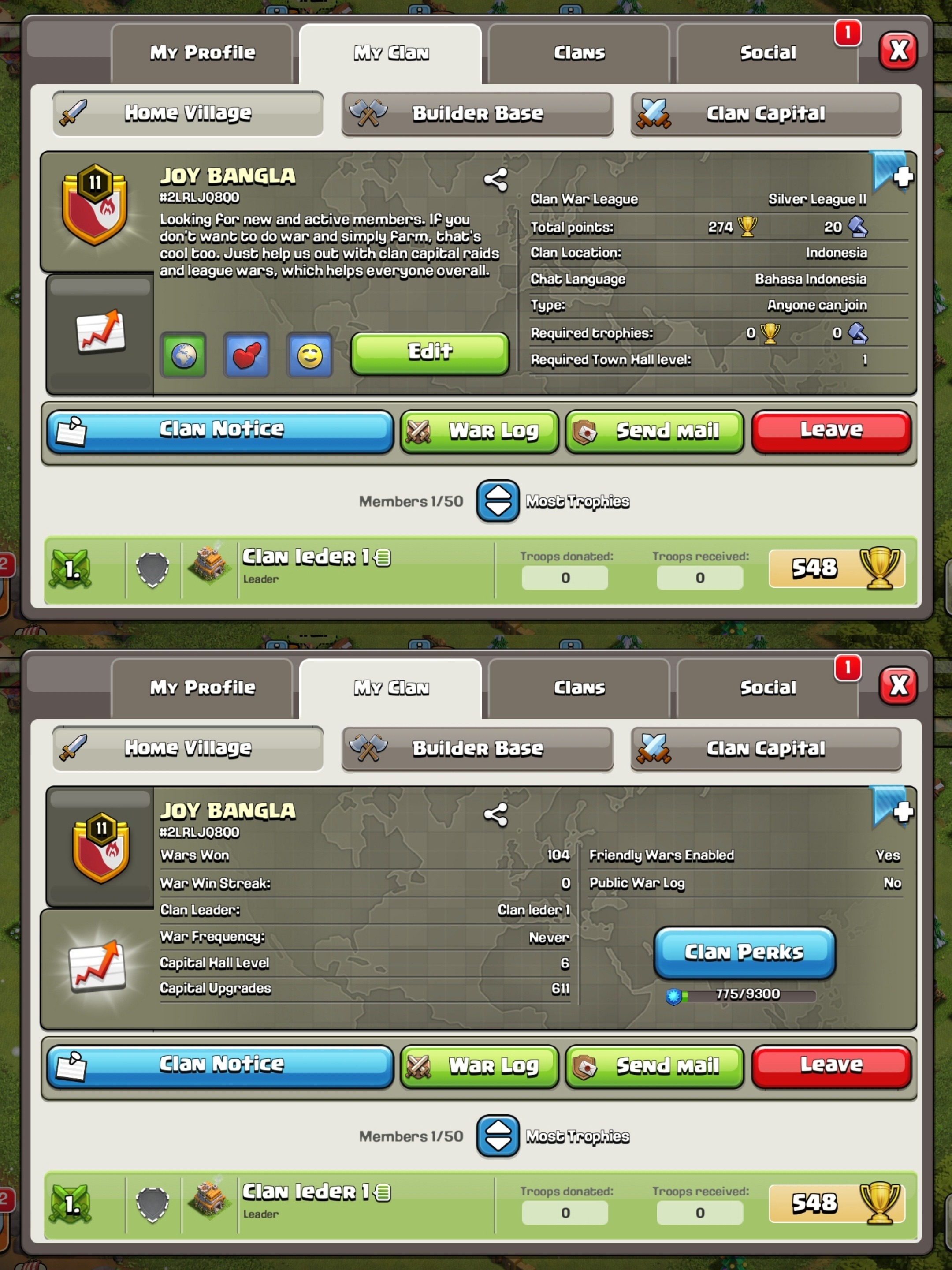 N-13 | Joy Bangla 🎉 | CP 6 | 110 Wins | Clash of Clans | Silver | MI2243