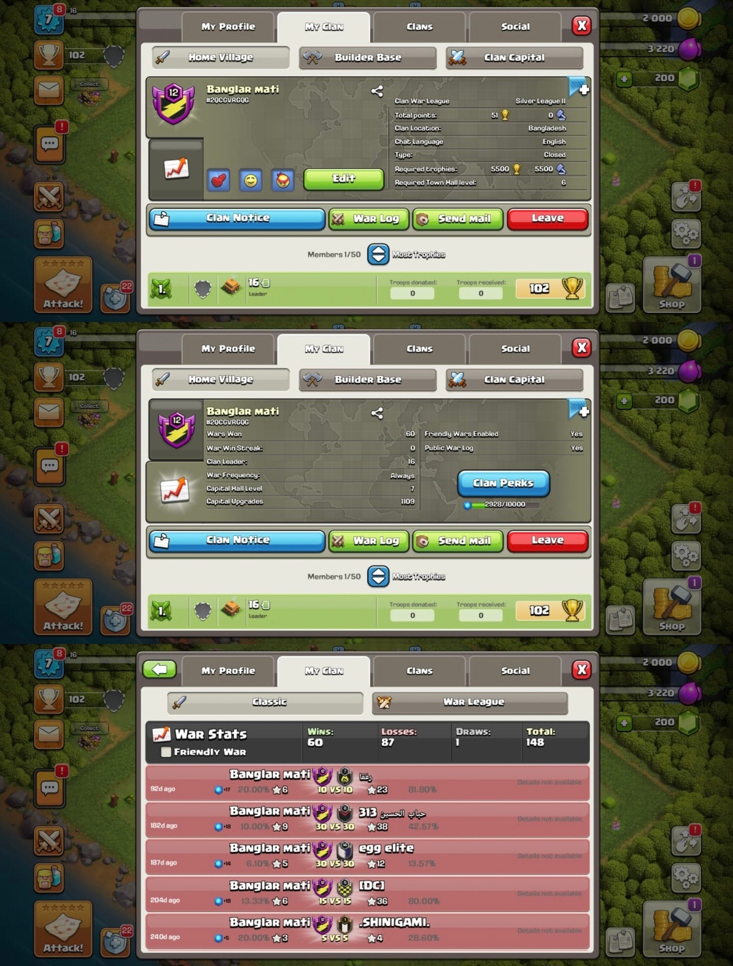 N-33 | Banglar Mati 🌾 | Clan Lv.12 | CH 7 | 1,109 Upg | Clash of Clans | Silver | MI2408