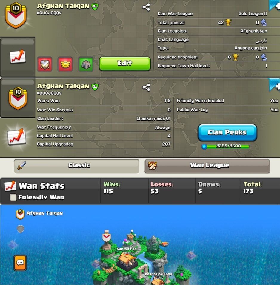 LEVEL 10 | NAME- AFGHAN TALQAN | 2:1 WARLOG | CC 4 | IN | Clash of Clans | Gold | MI3128