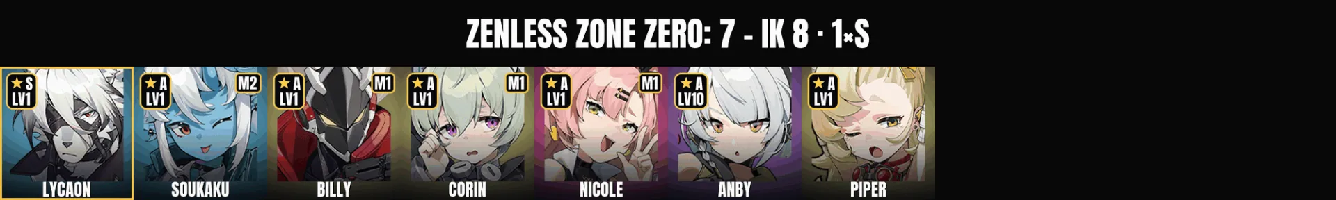 ✅ IK 8 ✨ 7 Agents 🏆 1 S-Rank 💎 Lycaon ⚔️ Anby