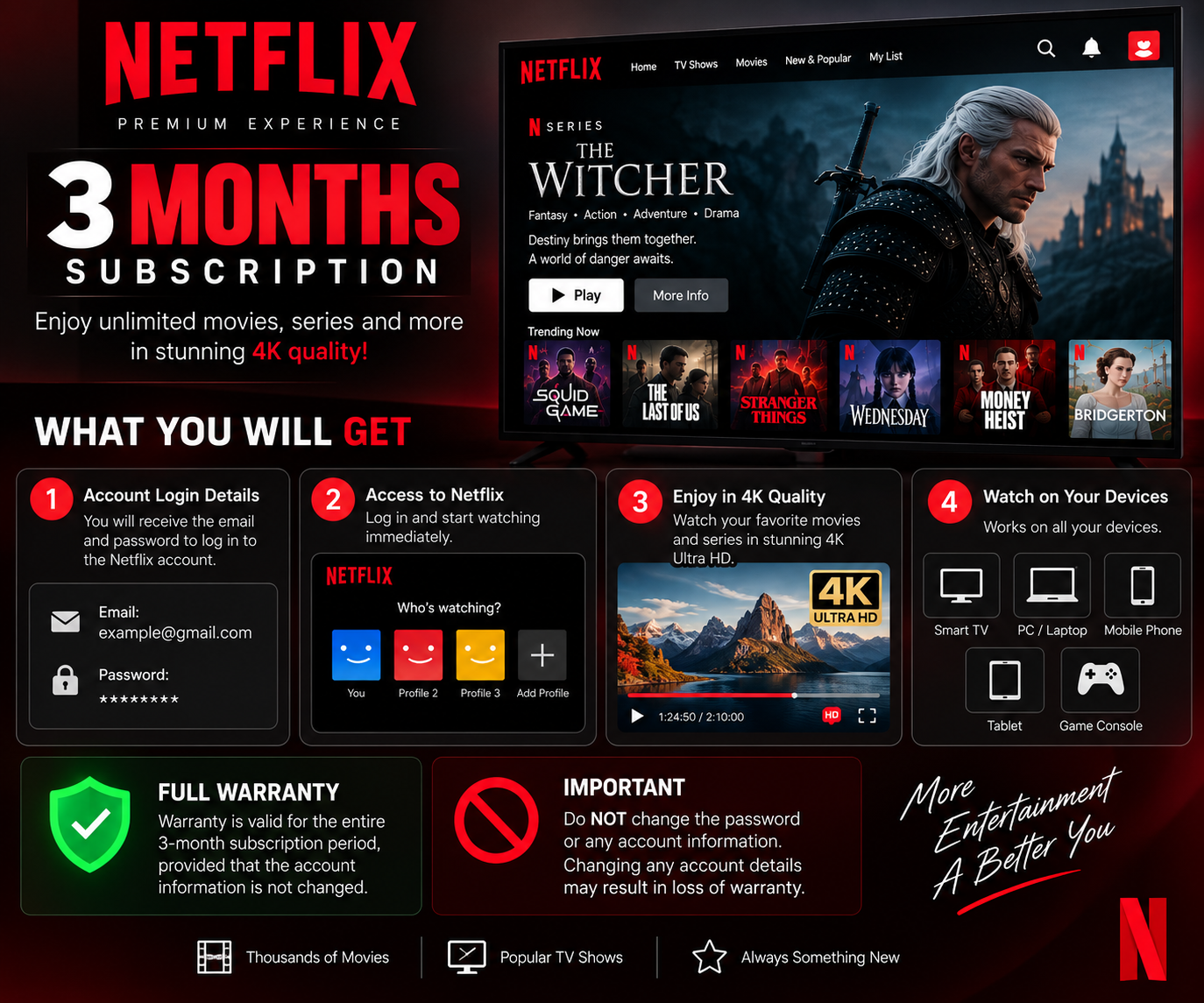 🎬 Netflix 4K Subscription — 3 Month | Netflix | EU | Subscription | MI6550