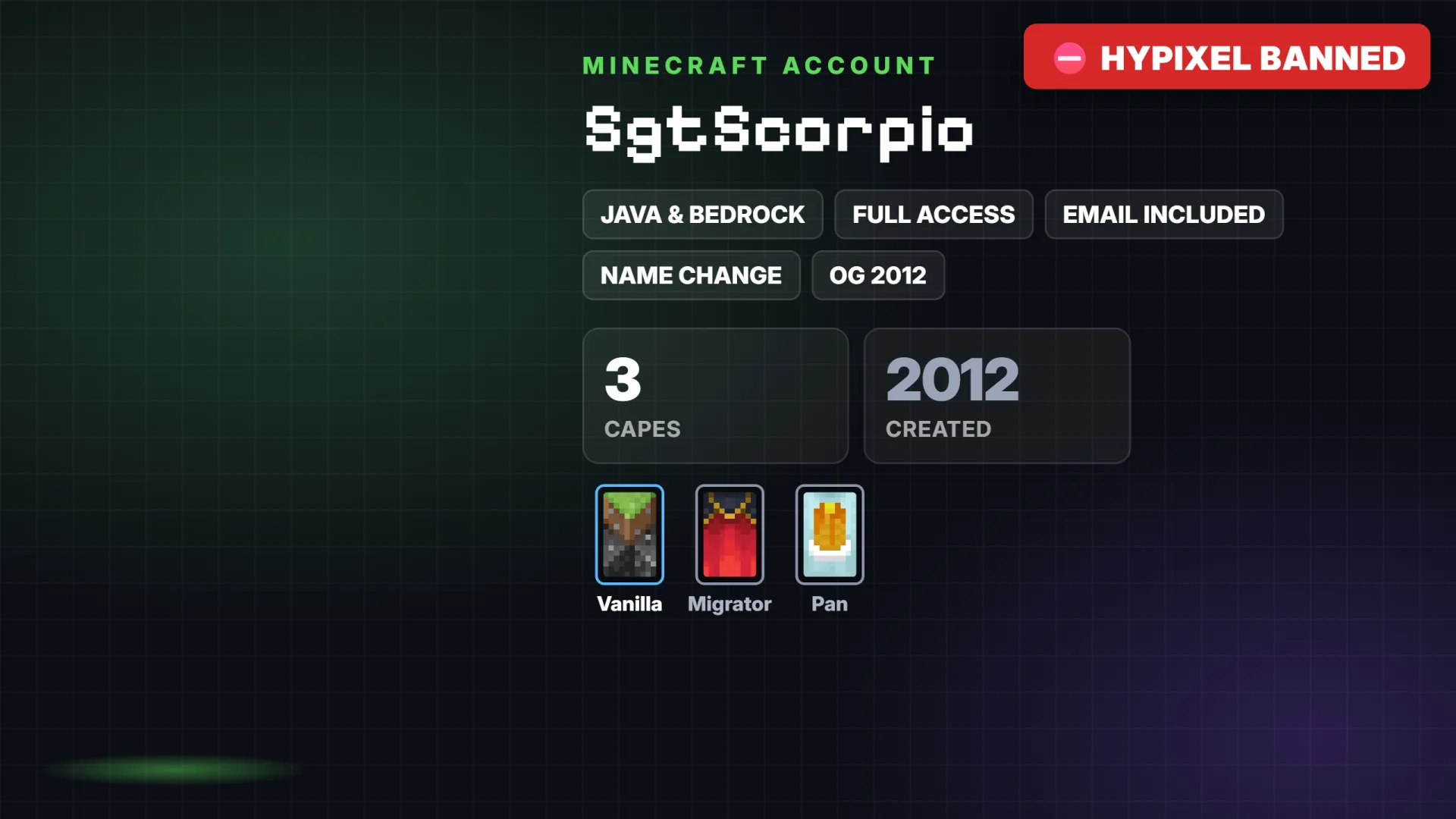 ✅ OG 2012 🦸 3 Capes ✅ Java & Bedrock ⛔ Hypixel Banned