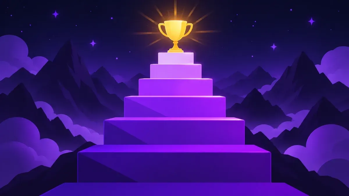 Ladder of stacked blocks climbing toward a trophy, illustrating the FC 27 Season Pass levels