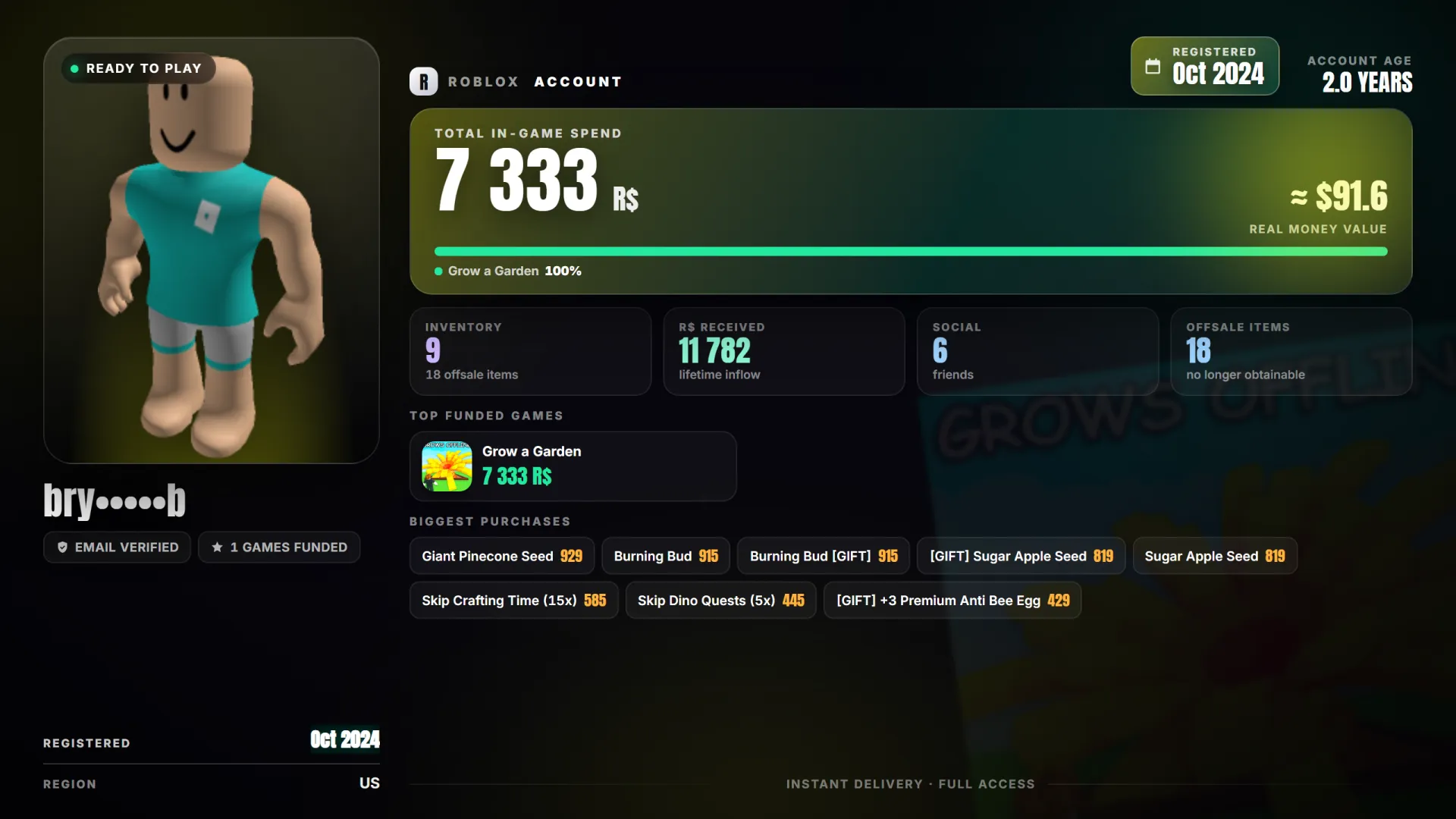 ✅ Grow a Garden 💎 12K Robux Spent ⚔️ 2024 Reg 3D2P