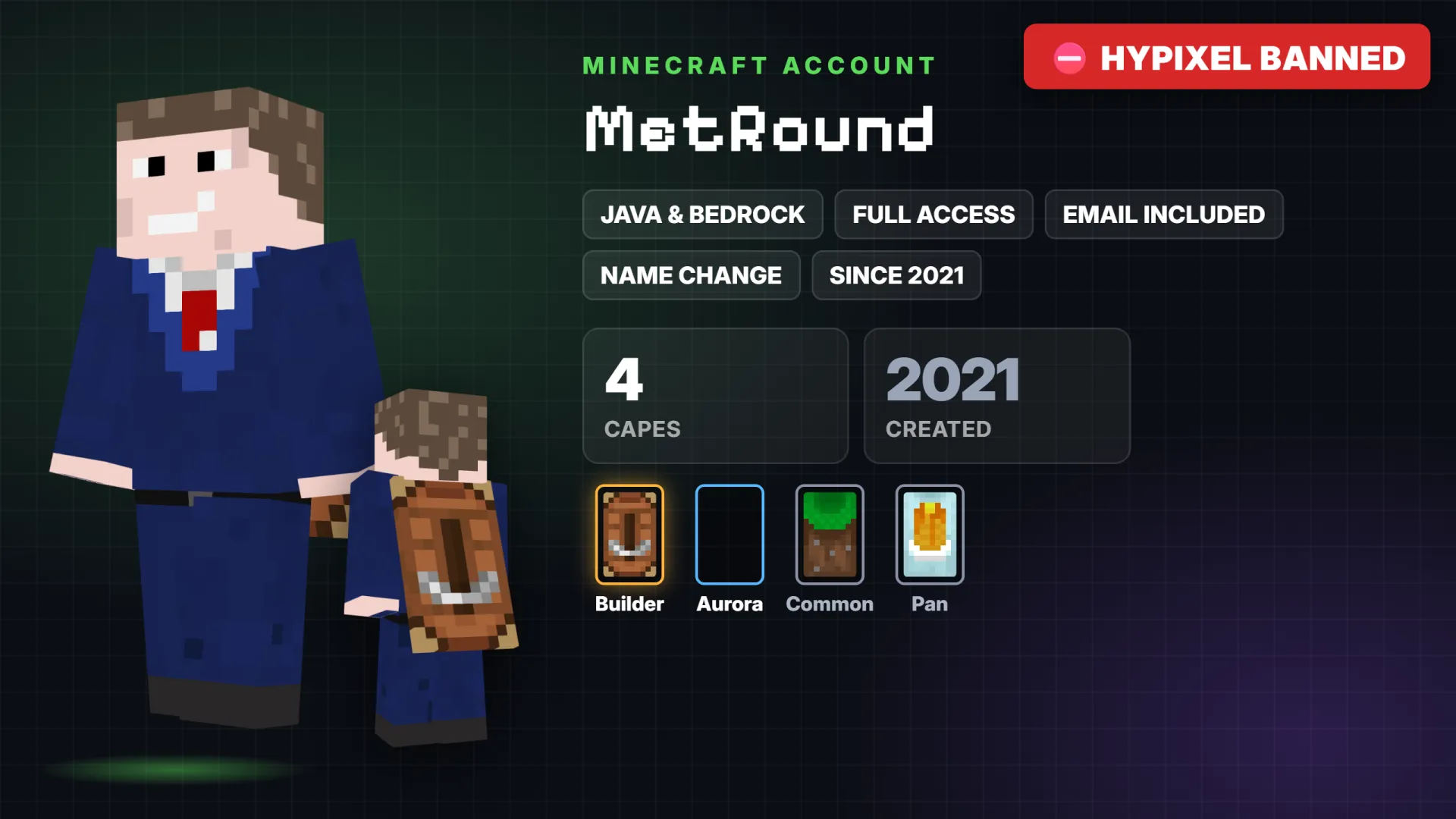 ✅ 4 Capes: Builder ✅ Java & Bedrock ⛔ Hypixel Banned