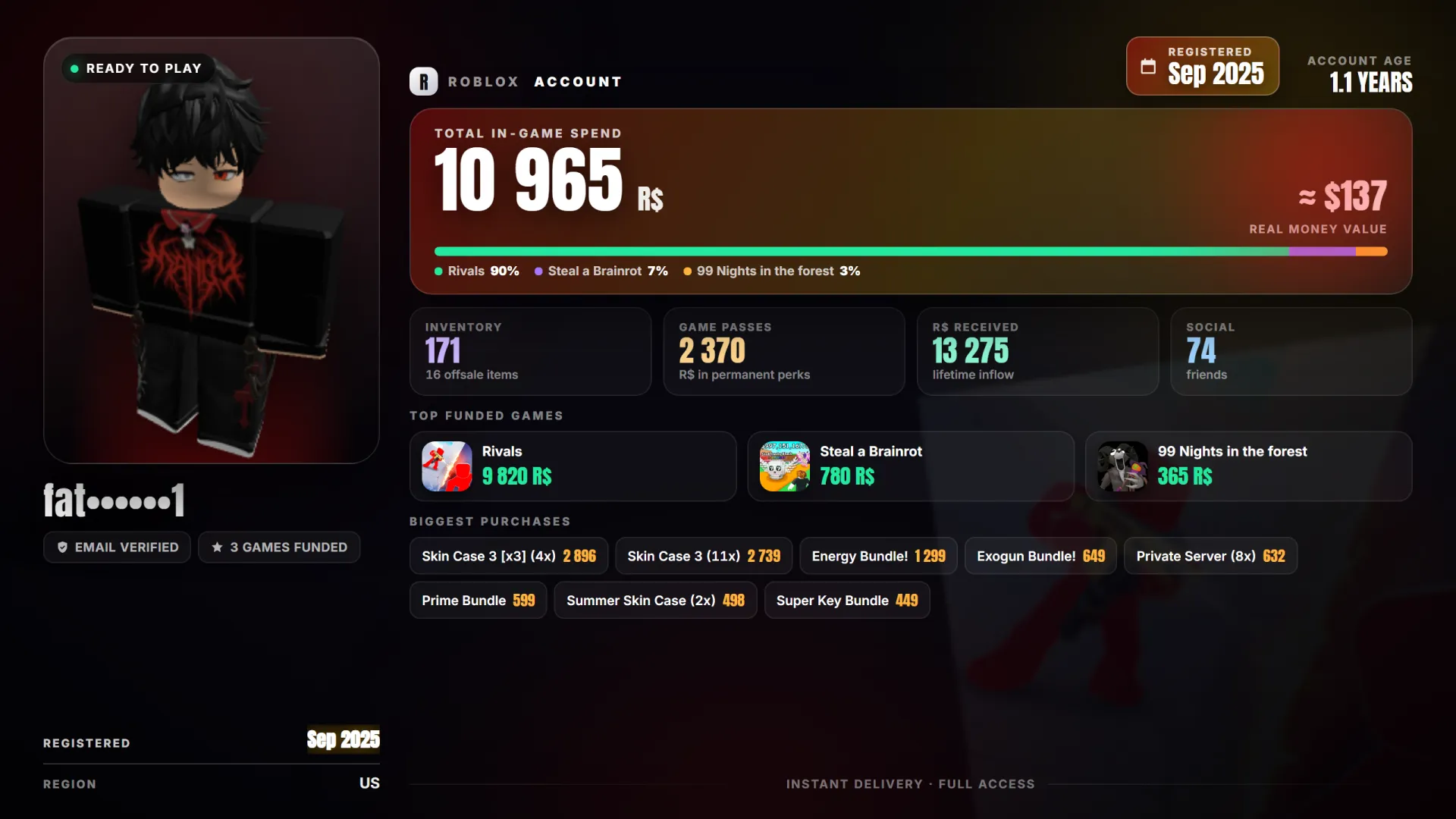 ✅ Rivals 🔥 13K Robux Spent ⭐ 2025 Reg 🎯 Rivals 9.8 YPR8