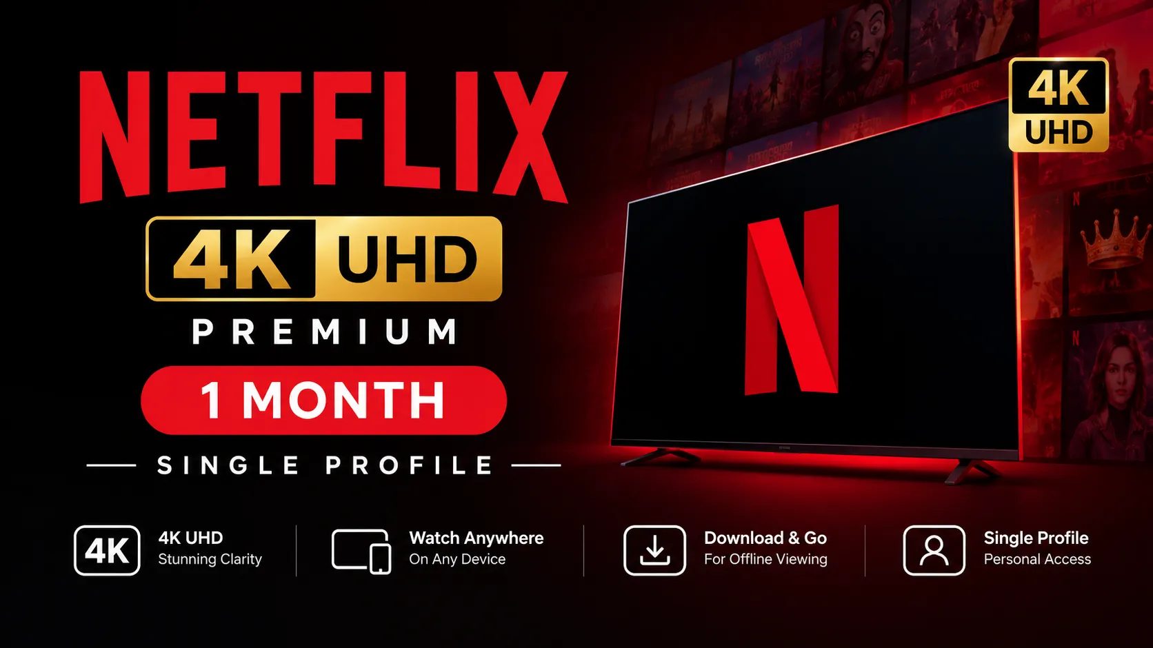 Netflix 4K UHD Premium - 1 Month Single Profile | Netflix | US | Subscription | 1 Month | MI23630